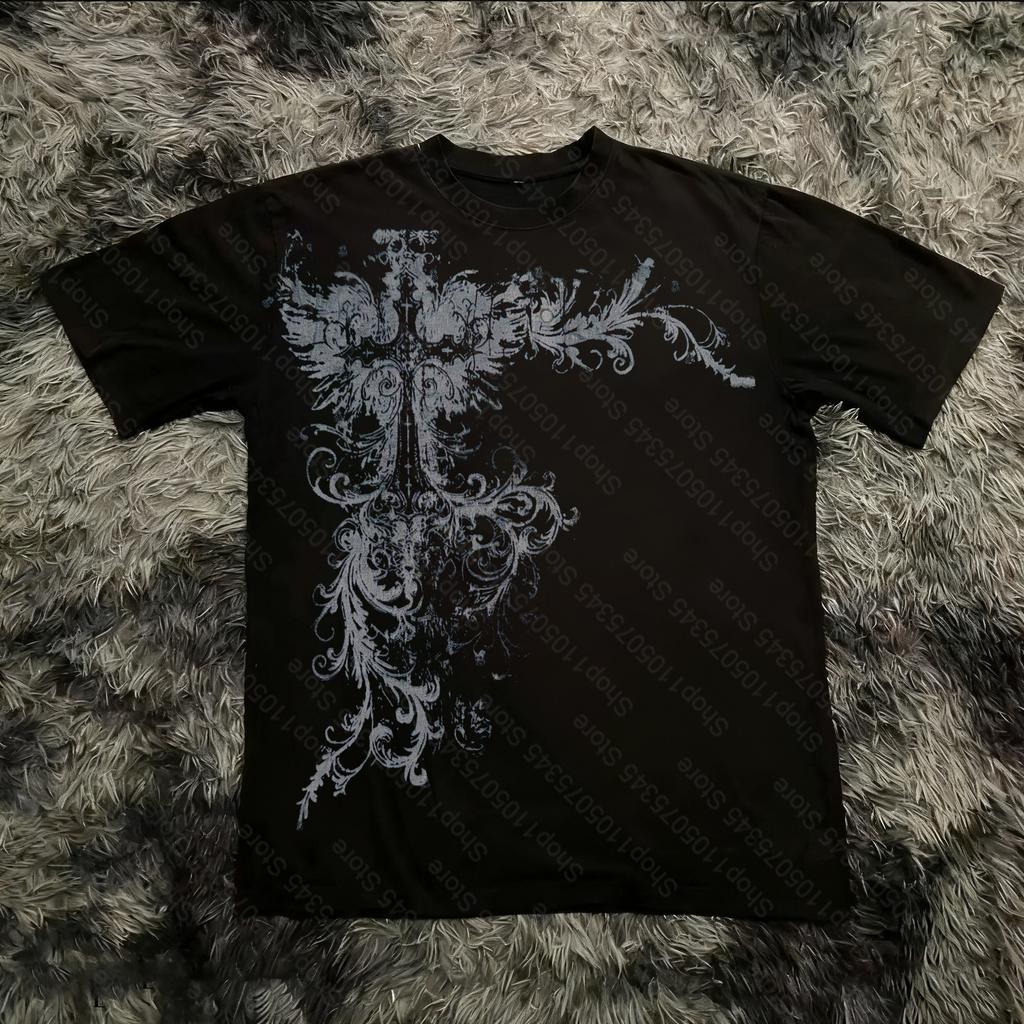 Classic Y2K Gothic Style Tshirt Print Oversized T Shirt High Street Shirts Gothic Round Neck Cotton Tops New Unisexs Women T Shirt