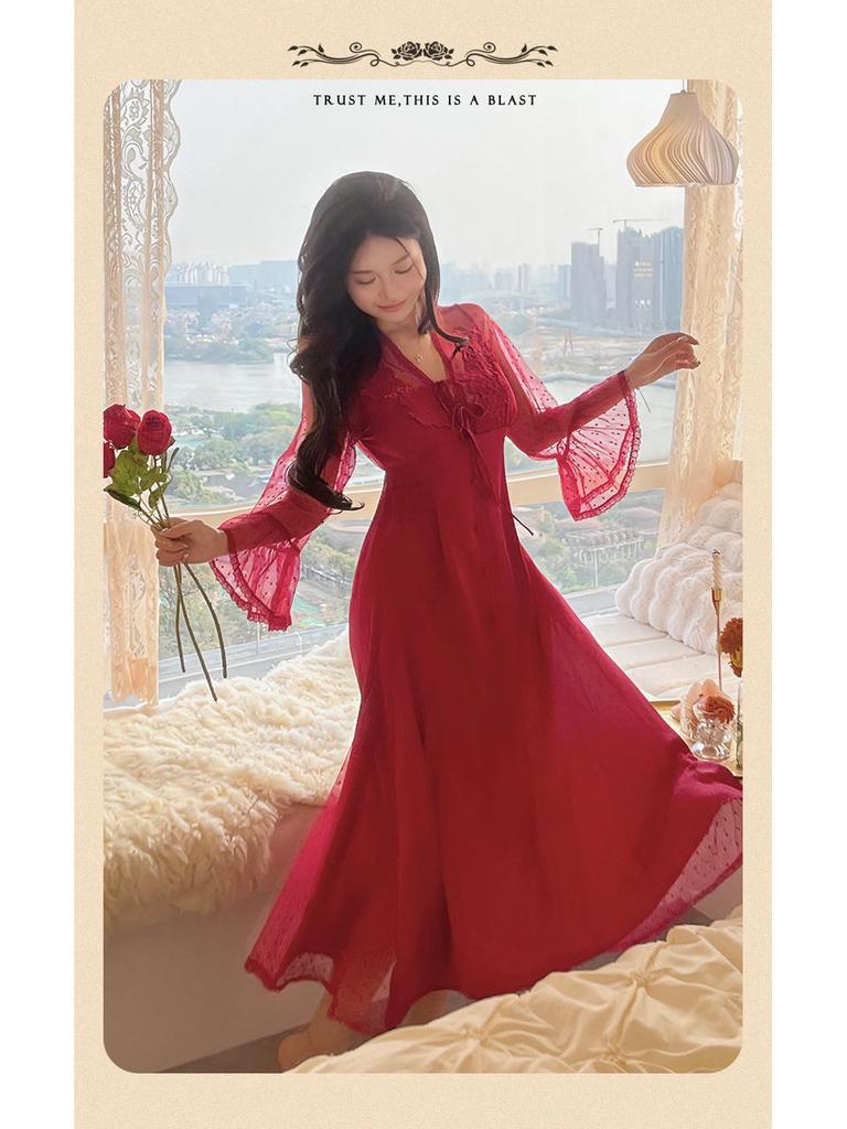 Women's Hot Summer Ice Silk Mesh Backless Nightdress - Long, Thin, and Long-Sleeved