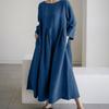 A Fashionable -color Round-neck, Long-sleeved, Loose And Large-swing Pocket Dress For Ladies
