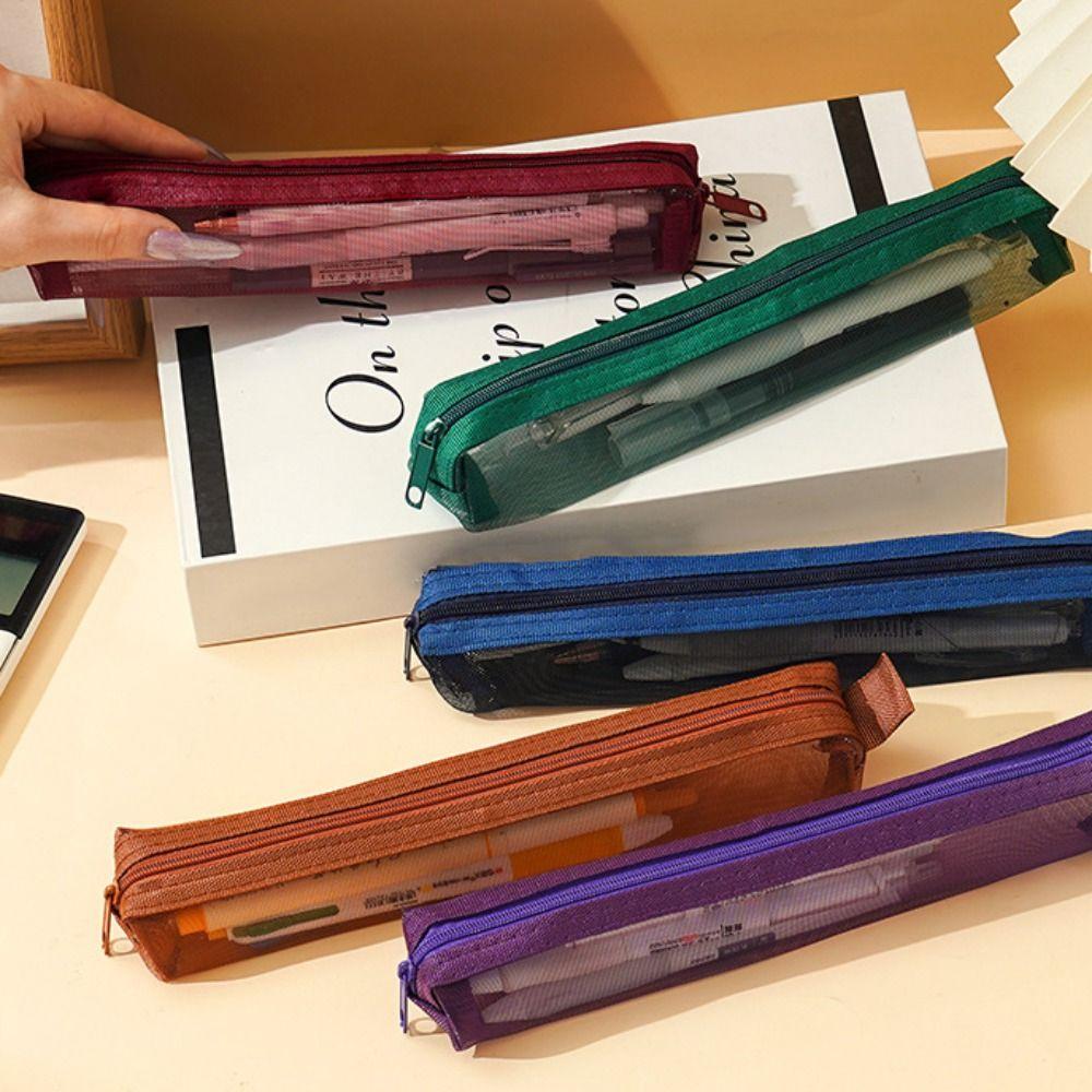 5Pcs Portable Pencil Storage Bag Casual Zipper Stationery Pouch Trendy Mesh Pencil Case Student