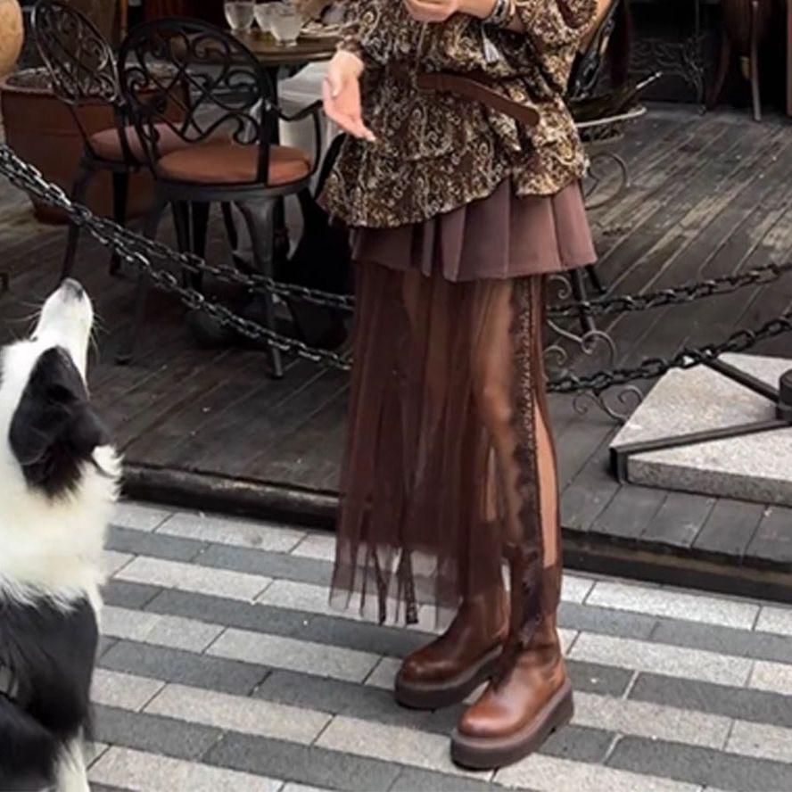 

French Off-Shoulder Floral Long-Sleeve Top & Pleated Mesh Skirt Set - Women s 2026 Autumn/Winter Fashion S (85-95 lbs)