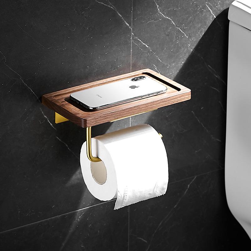 Walnut Wall Mounted Bathroom Paper Towel Holder Brushed Gold Roll Paper Holder Toilet Paper Holder Mobile Phone Holder Aluminum