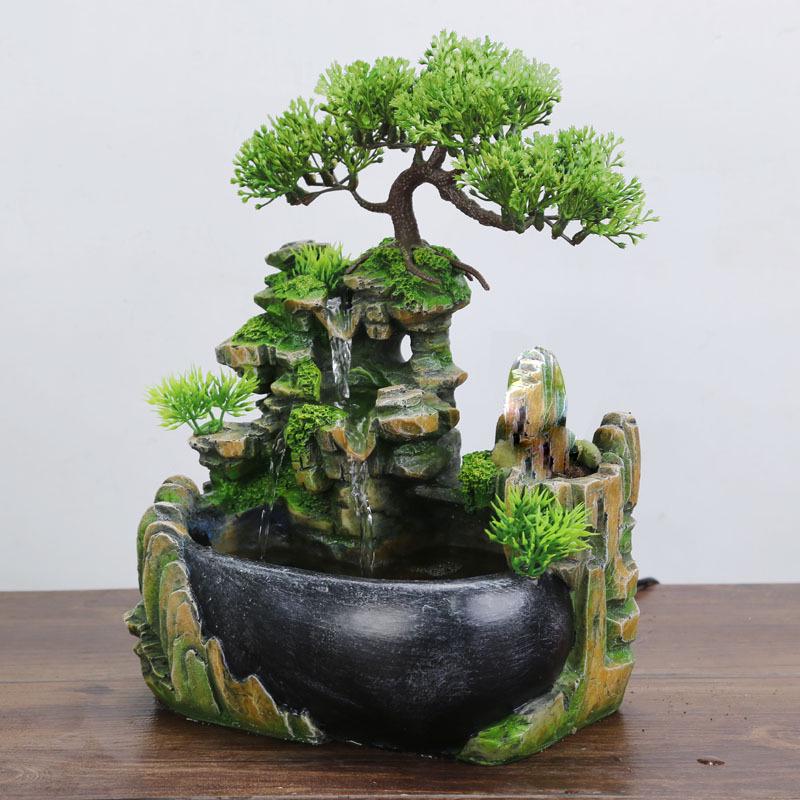 EU Plug,Indoor Simulation Resin Rockery Waterscape Feng Shui Water Fountain Home Desktop Decoration Crafts