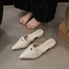 Summer Women's Slippers 2026 Butterfly-Knot Low Mules Shoes Pointed Toe French Casual Slide Fashion Pearl Outdoor Half Slippers