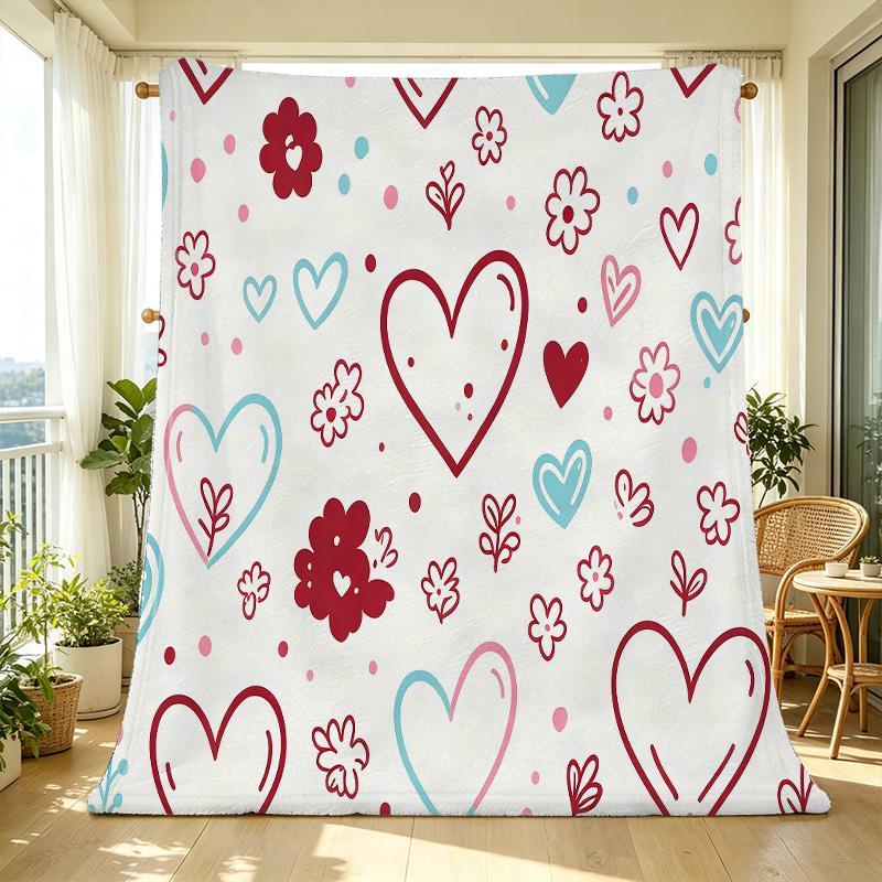 Soft Flannel Throw Blanket High-Density Velvet Feel with Love & Flower Pattern, Warm Cozy for Home, Perfect Valentine's Day Gift
