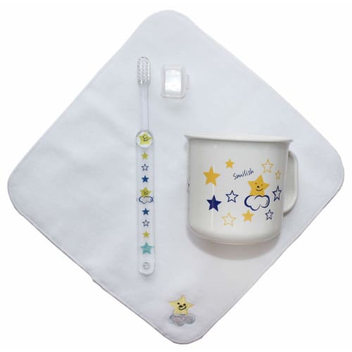 Smiley Star 3-Piece Children's Toothbrush Set (Toothbrush with Cap, Heat-Resistant Cup, Imabari Towel Handkerchief)