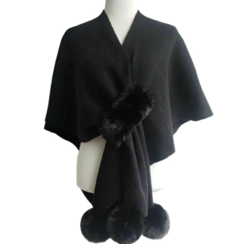 European and American Fur Collar Knitted Pom-Pom Cardigan Shawl