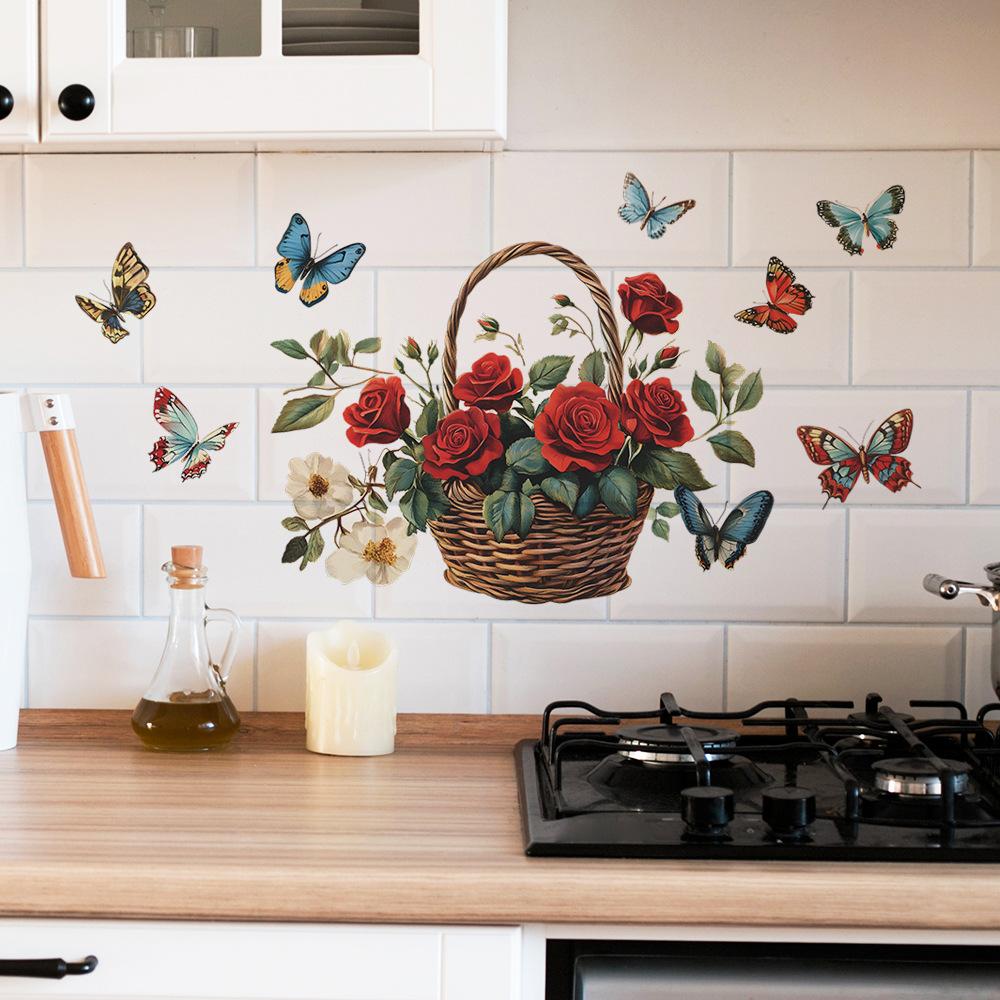 Creative Painted Roses Flower Basket Butterfly Bedroom Living Room Home Background Beautification Decoration Wall Stickers