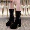 Vintage Platform Thick High Heel Women Ankle Boots Fashion Slip On Autumn Winter Female Western Short Booties