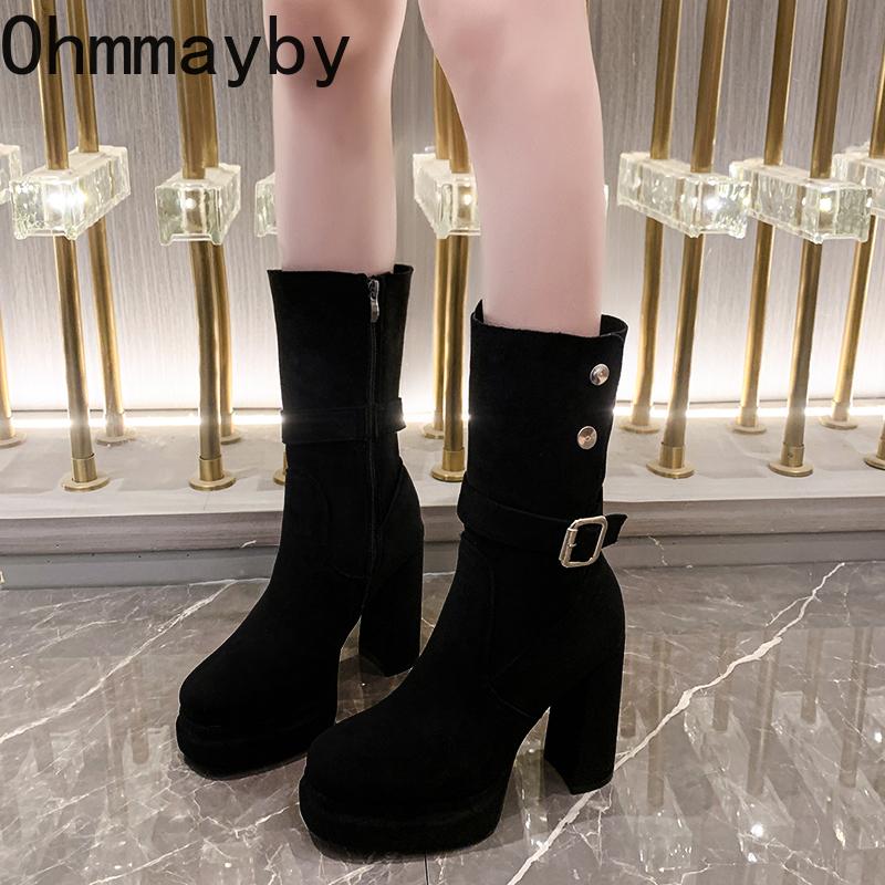 Vintage Platform Thick High Heel Women Ankle Boots Fashion Slip On Autumn Winter Female Western Short Booties