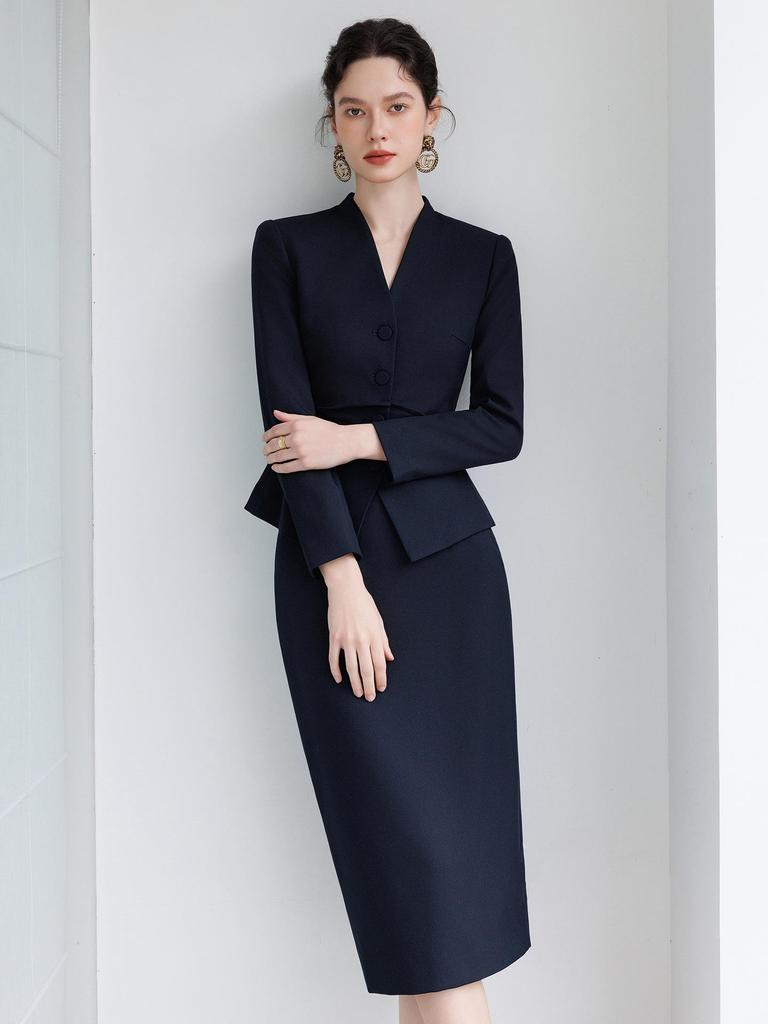 2025 High-End Women's Navy Blue V-Neck Suit Skirt Set - Formal, Slim-Fit, Professional Wear