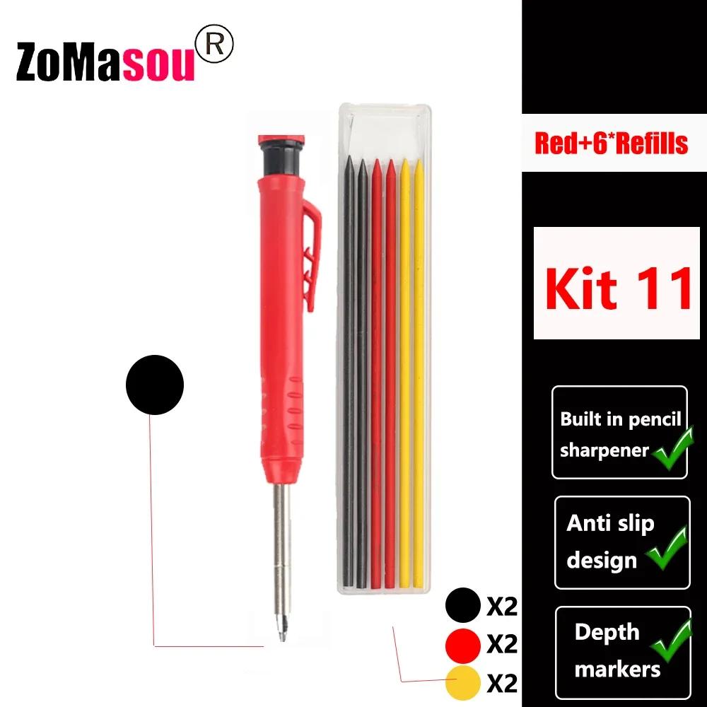 Reuseable Long Head Deep Hole Markers Pen Pencils Solid Carpenter Refill Leads Built-in Sharpener Woodwork Construction Tools