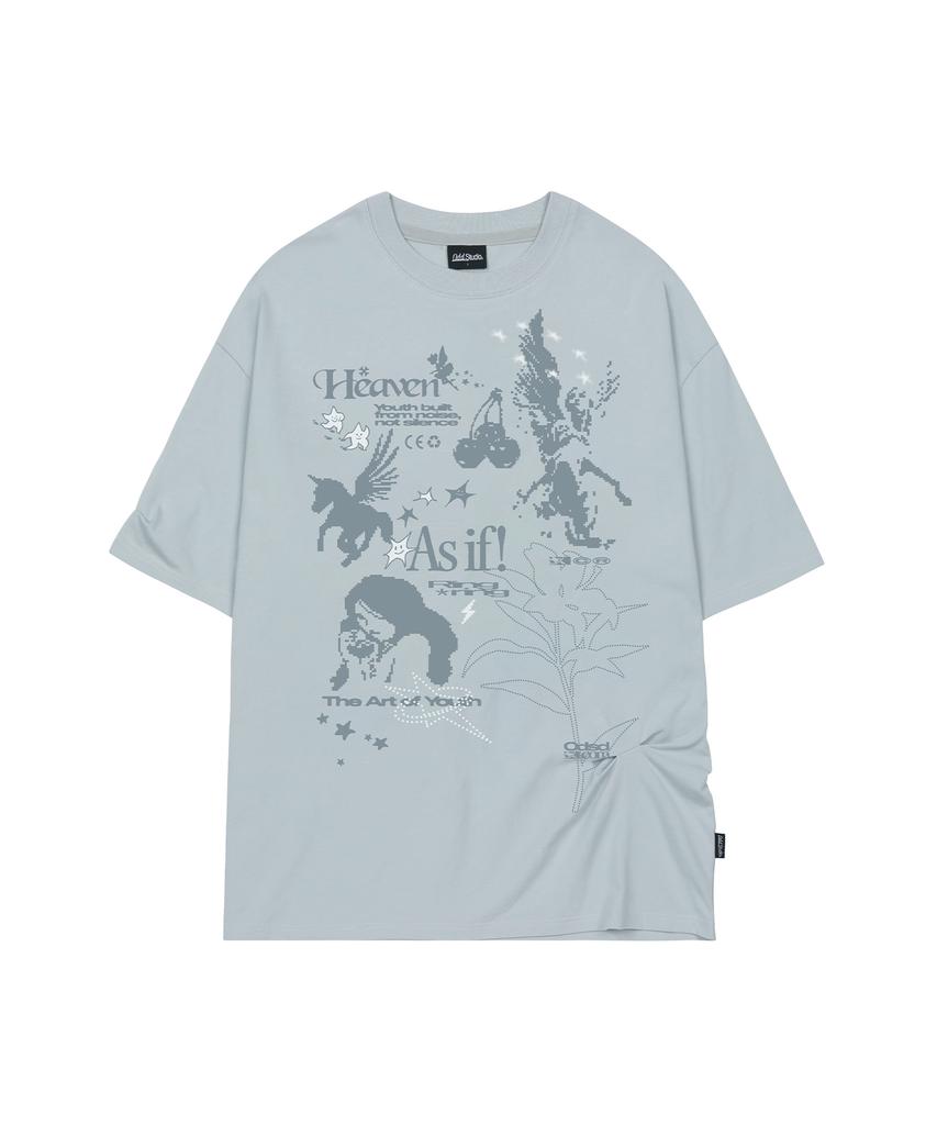 ODDSTUDIO Kitsch Stamp Pintuck Oversized T-Shirt - Grayish Blue
