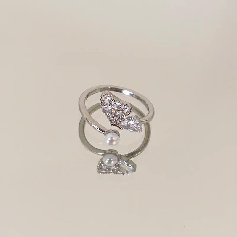 Butterfly zircon pearl ring female index finger ring unique design opening adjustable ring