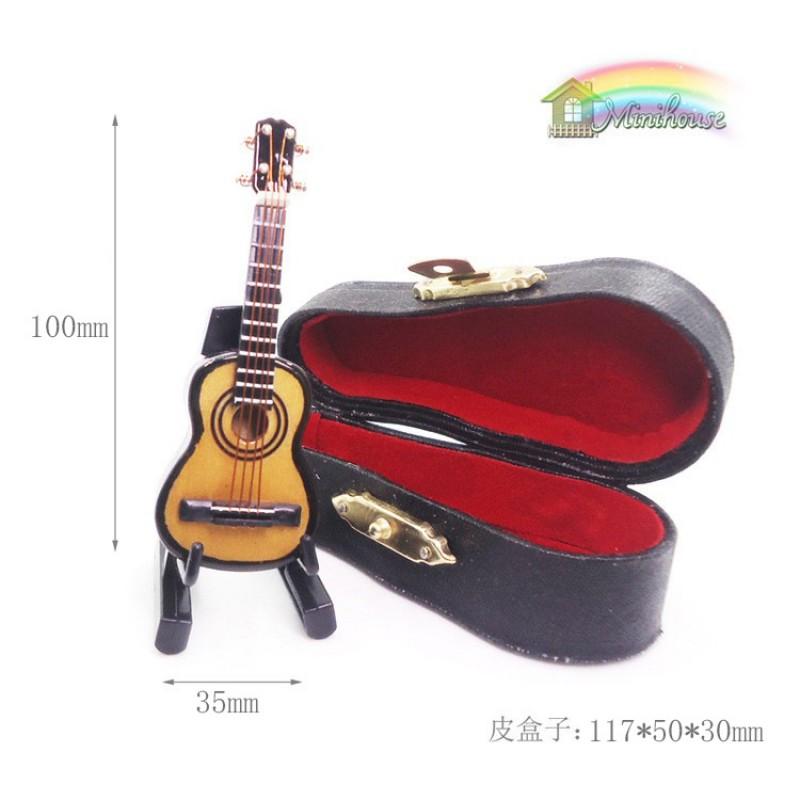 1:12 Scale Miniature Wooden Guitar With Leather Case Dollhouse Decor Realistic Musical Instrument Model Collectors