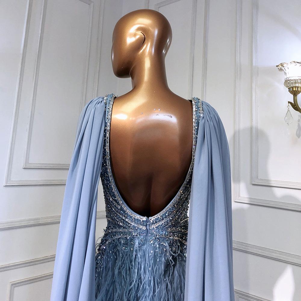 New light luxury bead feather split fork fish tail floating sleeve elegant niche banquet host evening dress LA11181A