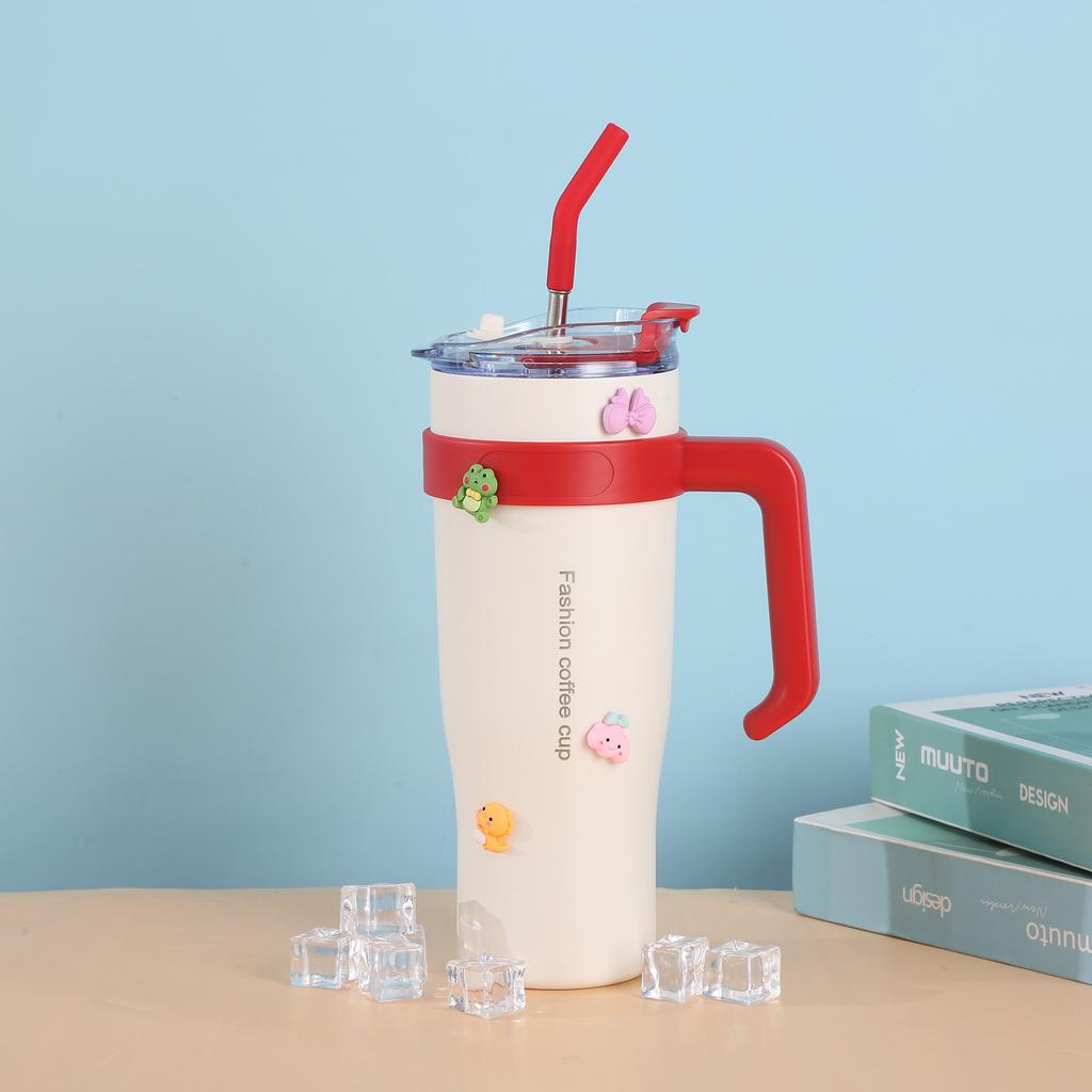 Tazza per auto con manico da 40 once, in acciaio inossidabile, grande capacità, isolata sottovuoto, con cannuccia, per auto, per gelato, bottiglia d'acqua