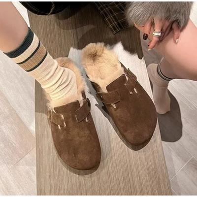 Fashion New Women Slippers Fur Flats Short Plush Mules Shoes Women Fashion Buckle Soft Sole Cotton Shoes Suede Home Warm Slippers Mules