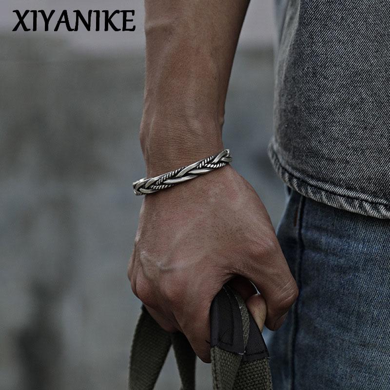 XIYANIKE Men Thai Silver Twisted Woven Opening Bracelets Bangle Neutral Retro Original Handmade Exquisite Jewelry Unique Gift