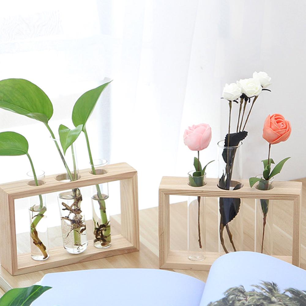 Glass and Wood Vase Planter Terrarium Table Desktop Hydroponics Tray Home Decor Plant Bonsai Flower Pot Hanging Pots with Wooden