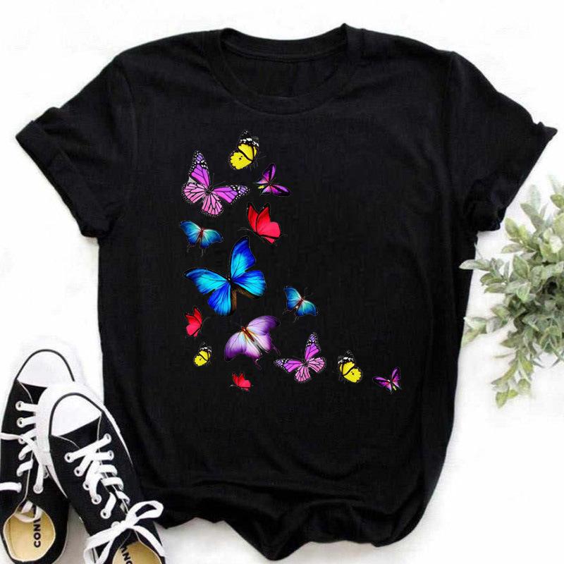 Woman Plus Size Tops Oversized T Shirt Aesthetic Clothes Summer Burst Cute Cartoon Butterfly Trend Letter Print Top T-shirt