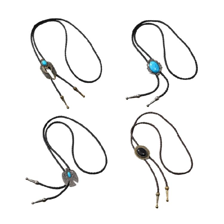Men Bolo Tie Metal Eagle Bird Stone Cowboy Hat Western Necklace Costume Accessory