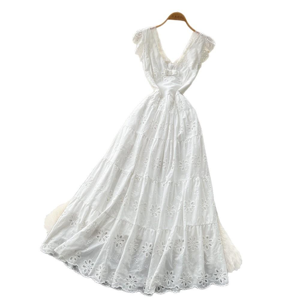 French holiday style v-neck white hollow lace lace dress women's summer high waist and thin temperament long dress