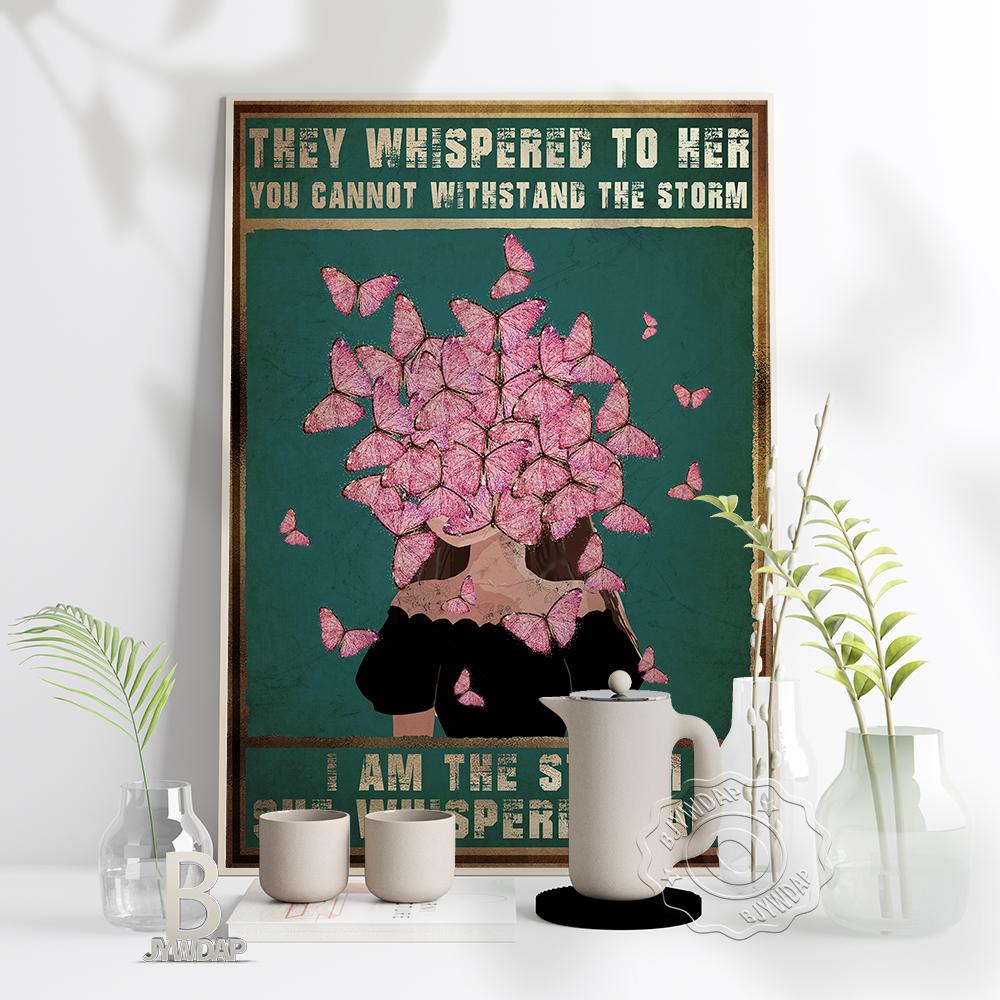 

They Whisperes To Her You Cannot Withstang The Storm Retro Art Canvas Painting Nordic Style Fashion Girl Flower Butterfly Home Art Decor No Frame 21*30cm No Frame