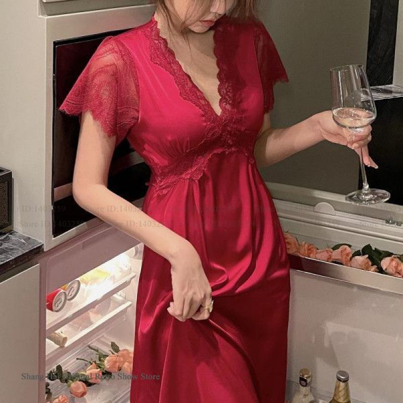Dámské noční košile Elegantní palácový styl Princezna Dlouhá noční košile Spodní prádlo Letní Krátký rukáv Noční košile Saténová Hedvábná Domácí šaty