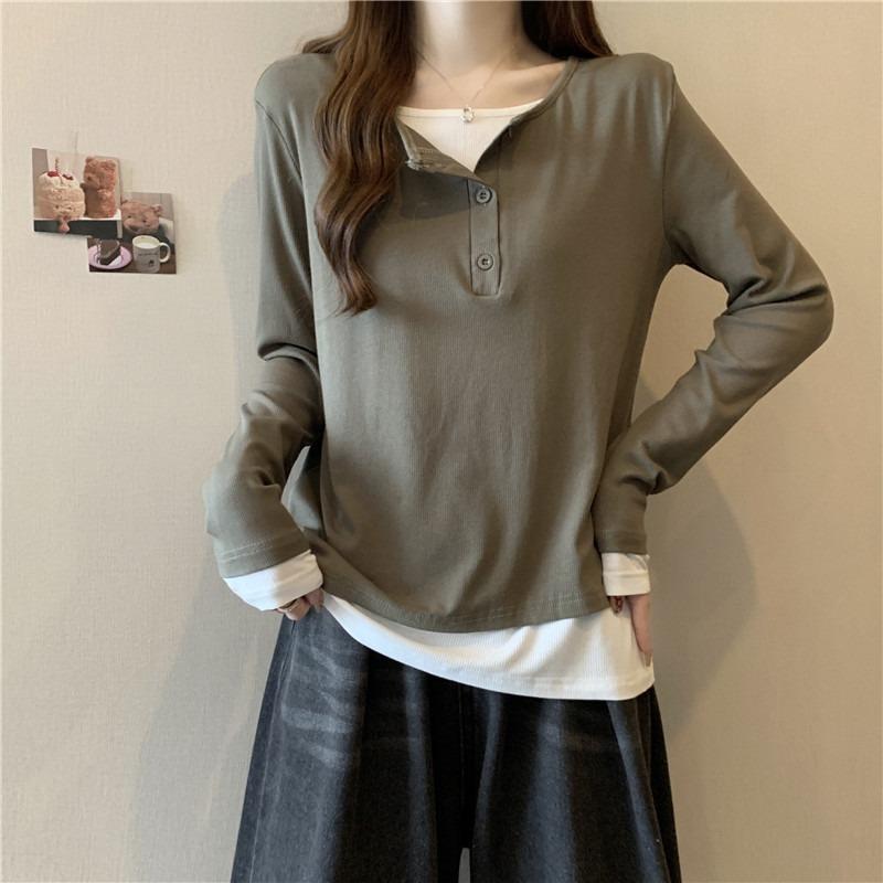 Contrasting Color Fake Two-piece Long-sleeved T-shirt Women's Loose and Thin Design Sense Niche Inner and Outer Top