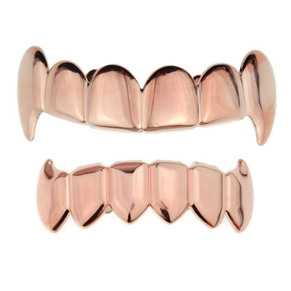 New Custom Fit Rose Gold Color Plated Hip Hop Teeth Grillz Top&Bottom Grill Set for Christmas Party Vampire Tooth Grillz