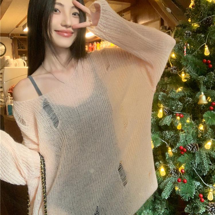 

Полый вязаный пуловер, комбинезон, женский осенний ленивый, непринужденный, повседневный, складной, чтобы носить блузку с длинными рукавами L розовый