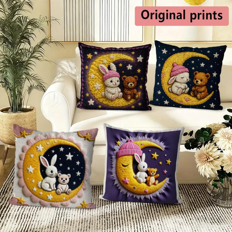 Cute Moon Bunny Bear Print Throw Pillow Covers Pattern Cushion Cover Suitable For Sofa Bedroom Car Pillow Cover