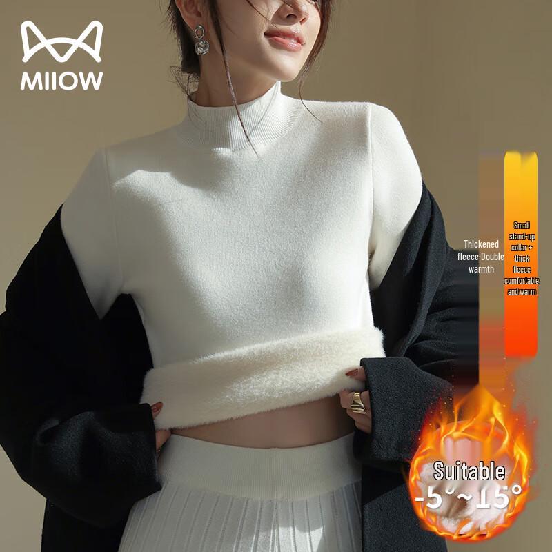 Mao Ren Damen Strickpullover mit Plüschfutter und halbhohem Kragen