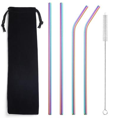 Reusable Metal Drinking Straws 304 Stainless Steel Straw Sturdy Bent Straight Boba Straw with Cleaning Brush Bar Party Accessory