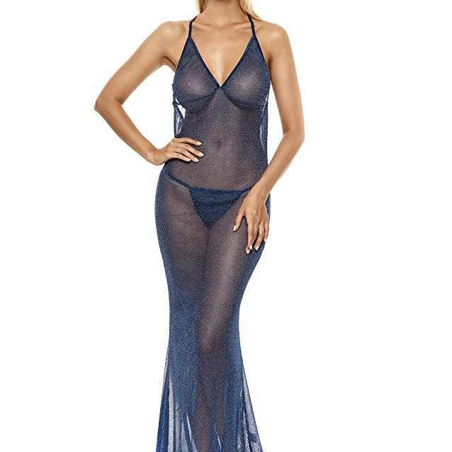 European & American Black Mesh See-Through Long Dress Lingerie Set: Low-Cut Spaghetti Strap Nightgown