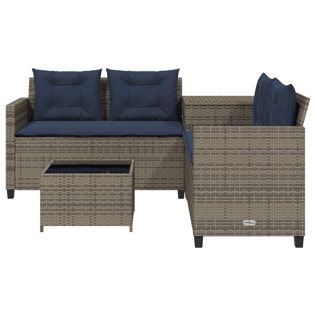 L shaped garden sofa with table and cushions grey polyrattan