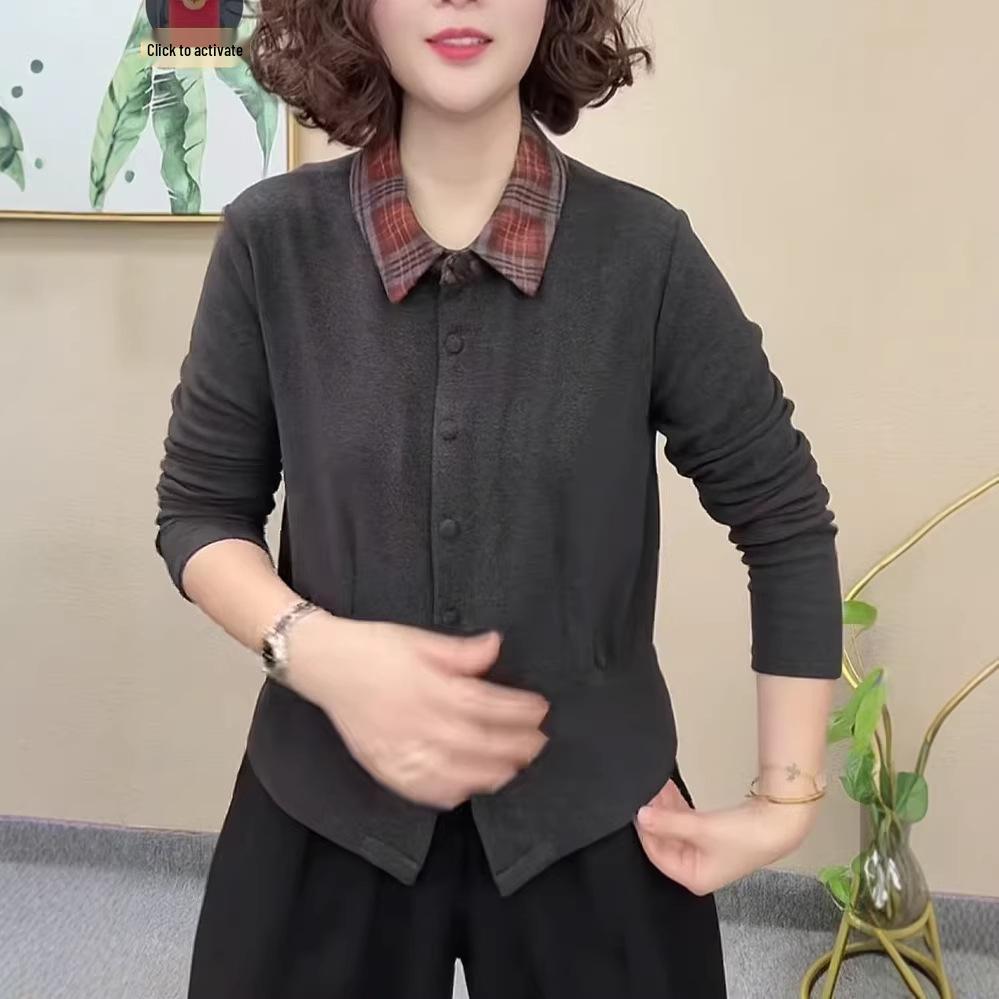 

Plaid Lapel Base Layer: 2025 Autumn/Winter Women s Loose Thickened Age-Reducing De Rong Top L for 45-55 kg темно-сірий