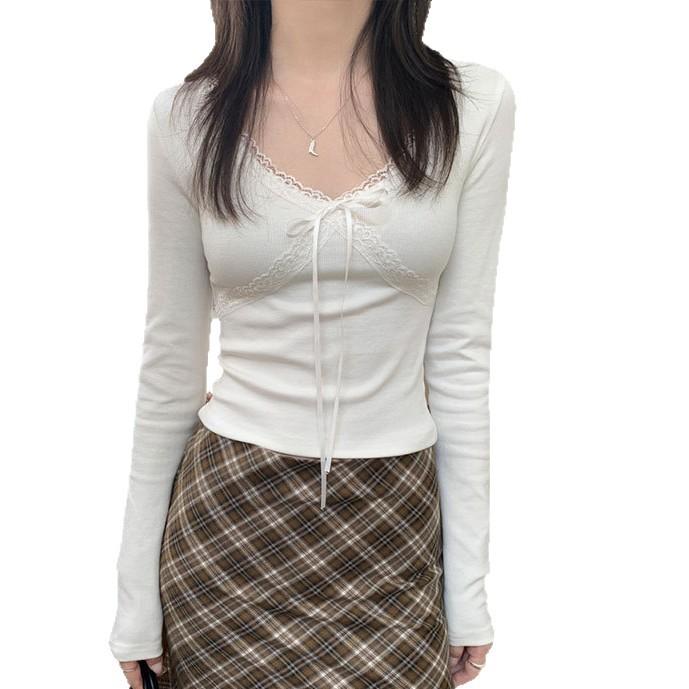 [250g Skin Fleece 1x1] Sweet Girl Design Lace T-Shirt Women's Autumn Slim Shirt Inside