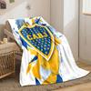 Blue and yellow shield with stars, splattered background, angular shapes. for all seasons blanket lunch break throw gift