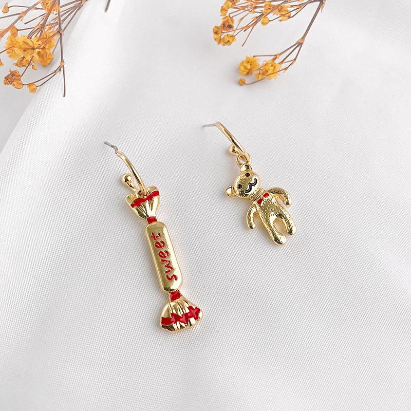 Asymetrické náušnice s Malým medvídkem a bonbónem Unisex s925 Stříbro - Vánoční edice