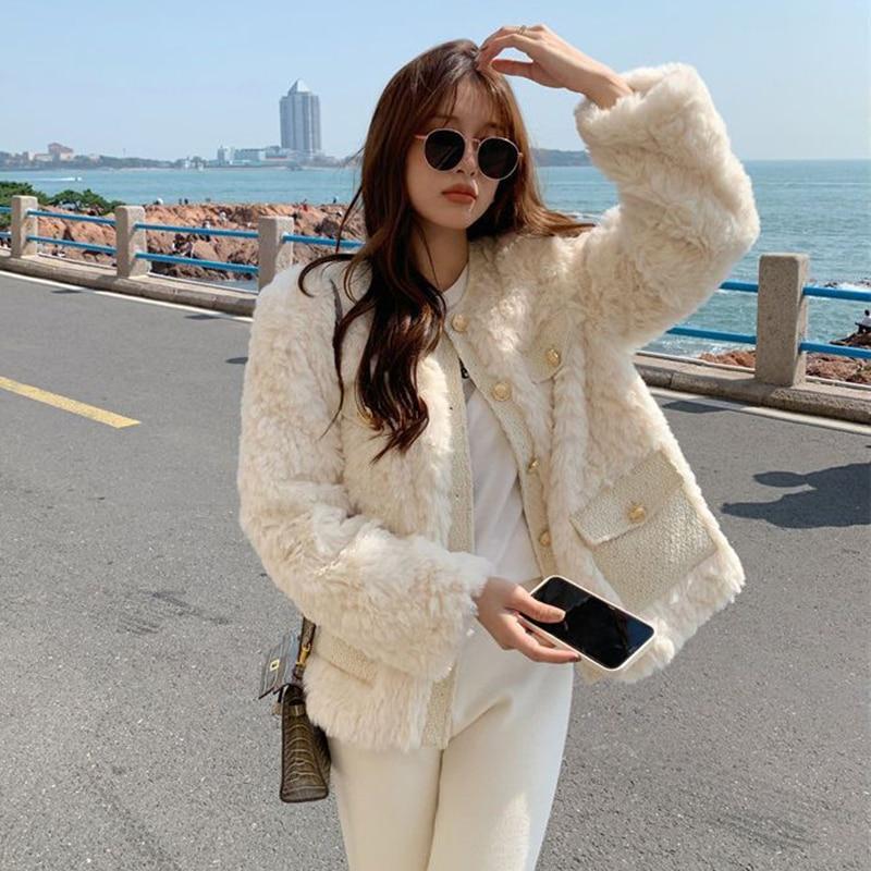 Korean Fashion Lamb Wool Coats Women Streetwear O-Neck Faux Fur Jackets Woman Autumn Winter Thick Warm Plush Black Coat