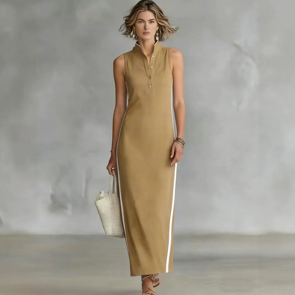 New women's style simple button-neck sleeveless long slim-fitting dress