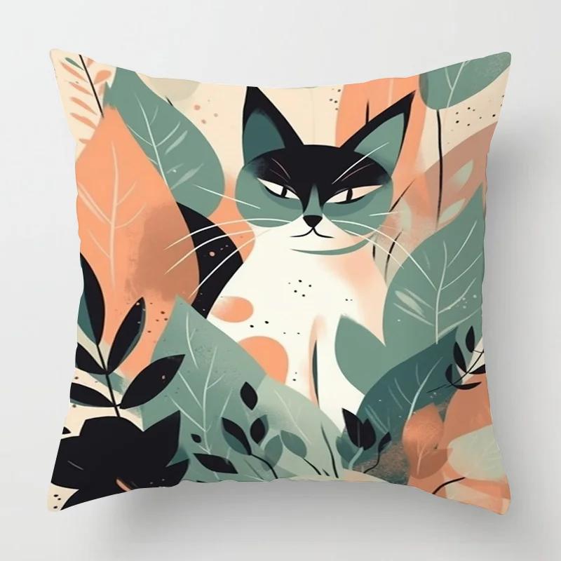 Home Decor Cat & Tropical Plant Patterned Pillow Covers Pattern Cushion Cover Suitable for Sofa Bedroom Car Pillow Cover