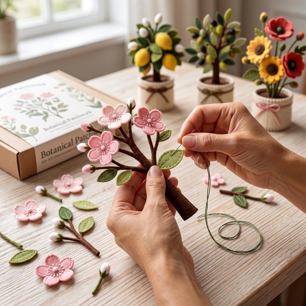 DIY Kit for Adults – Plant and Flower Themed Patchwork Sewing Set with Non-Woven Fabric Materials
