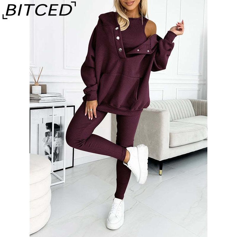 BITCED Women's Sportswear Hooded Sweatshirt with Thick Ribbed Slim-Fit Vest and Trousers Three-Piece Set