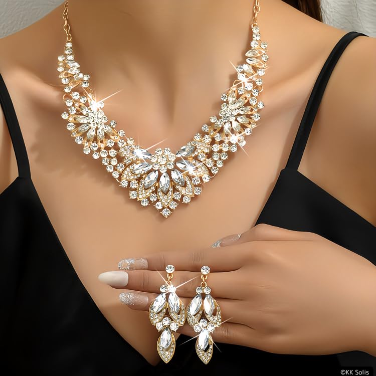 [KK Solis] Flower Motif Gorgeous Necklace & Earrings Set - Large, Luxurious, High-End Look, Jeweled Accessory for Weddings, Receptions, Parties,