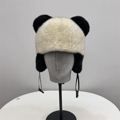 Cute Panda Color Scheme Imitation Fur Plush Winter Girls Outdoor Warm Ear Protection Ski Hat