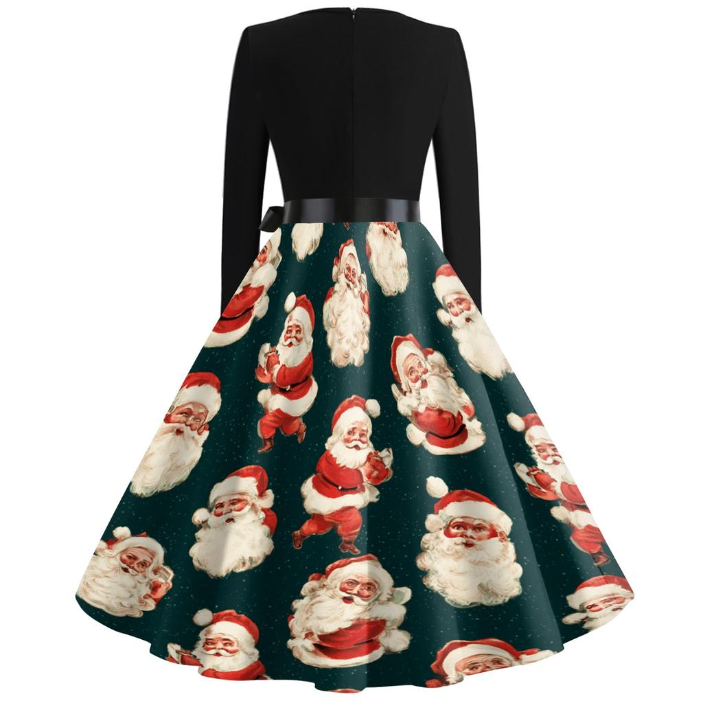 Women's Vintage V-Neck Long Sleeve Christmas Print Casual Dress