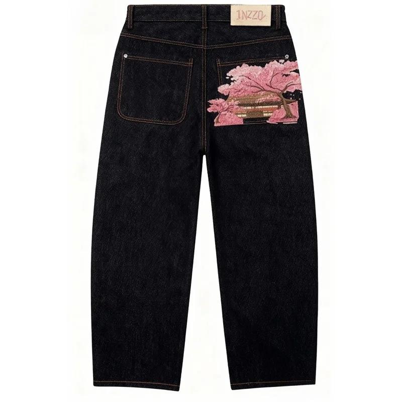 Jeans Baggy Y2K Bordado Selvedge Flor de Cerejeira Calças Jeans Masculino Feminino Tecido Jeans Streetwear Hiphop Americano Jeans de Perna Larga